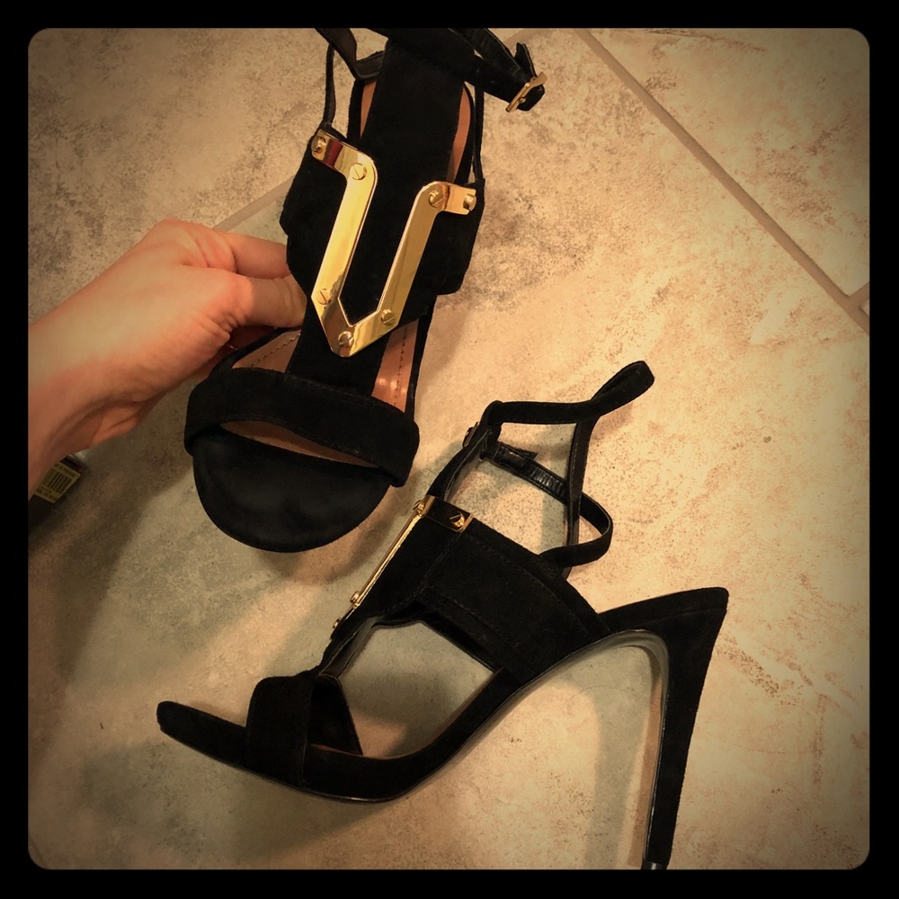 Black suede stiletto with Gold accent